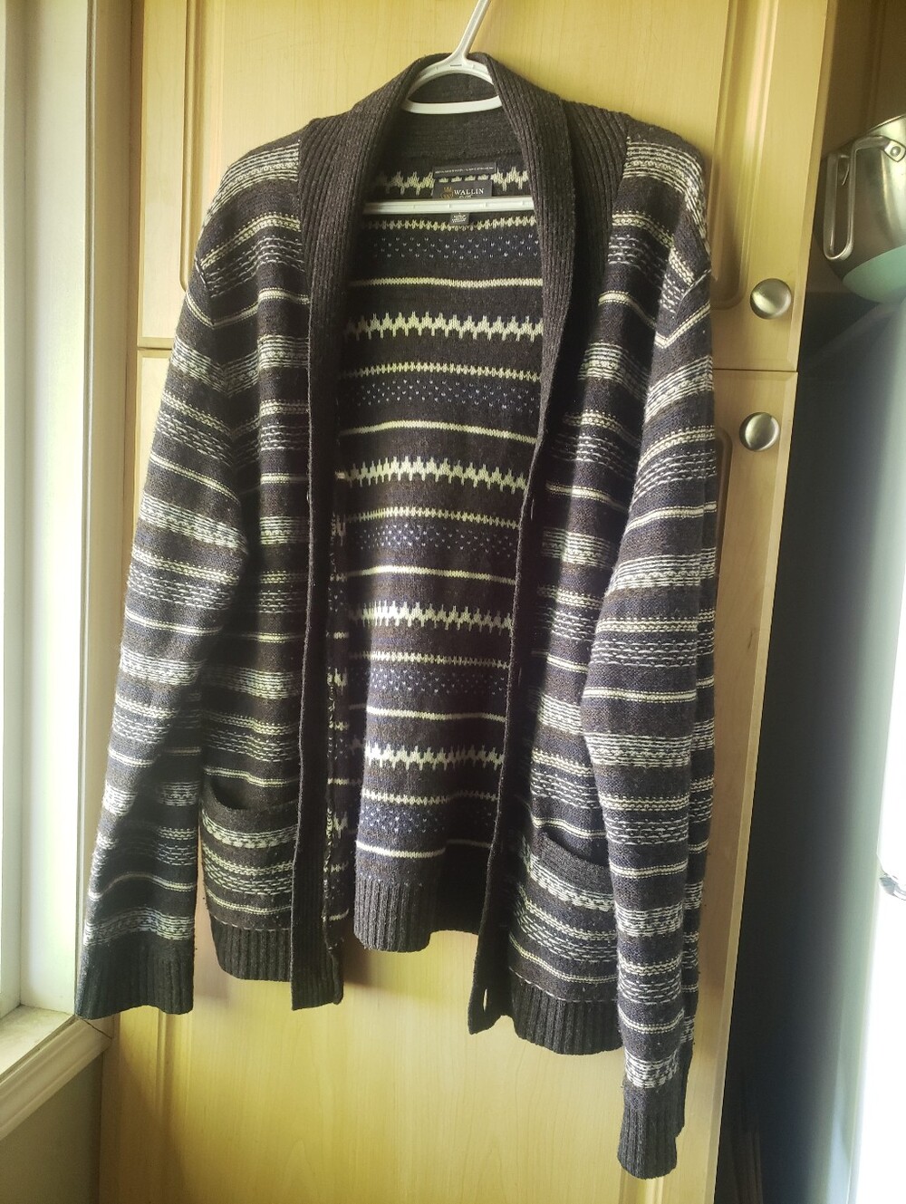 Men's Lambswool Shawl Collar Striped Cardigan Sweater - Dark Gray